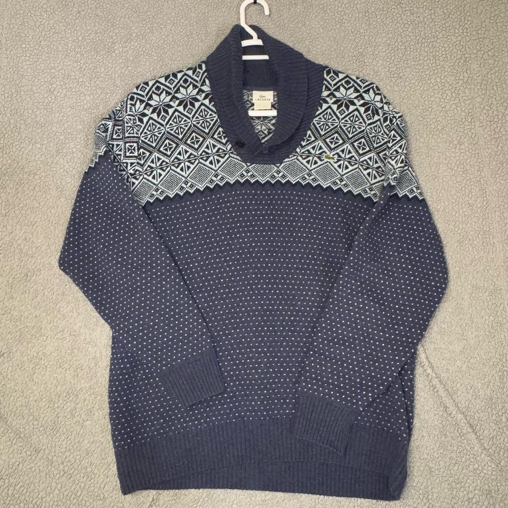 Lacoste Sweater Mens 6 (XL)NavyBlue Nordic Wool Blend Shawl Collar Knit Pullover